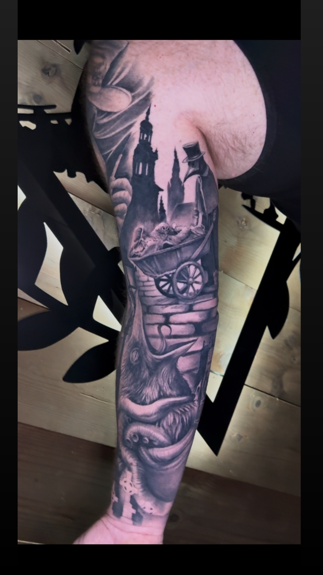 Dark realism plague doctor and castle sleeve tattoo by Gerald Everfade, Shingle Springs CA